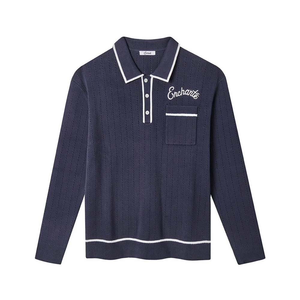 Enchanté Navy Long Sleeve Polo Shirt with White Accents